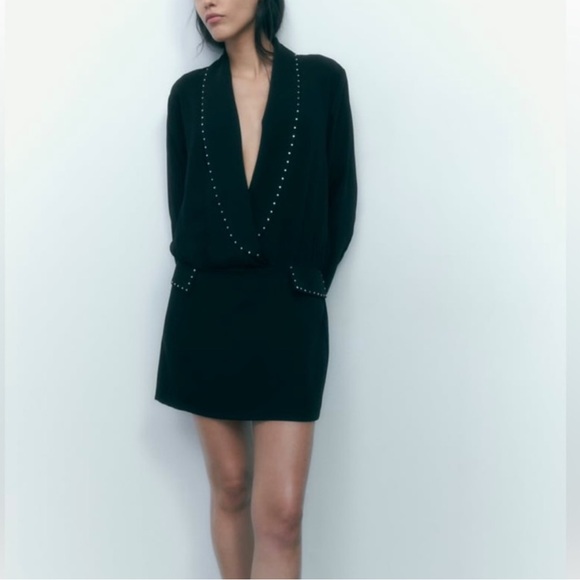 Zara Black Rhinestone Blazer Mini Dress Sparkly Classic Size XS - Picture 2 of 12